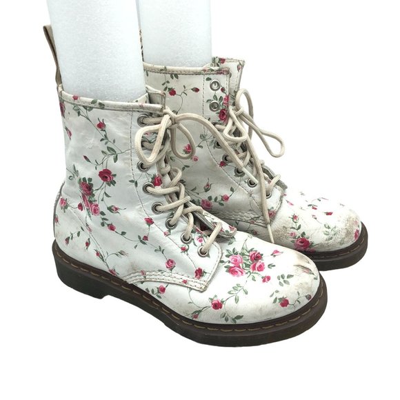 Dr. Martens 1460 Portland Rose Floral Combat Boots White Womens 7